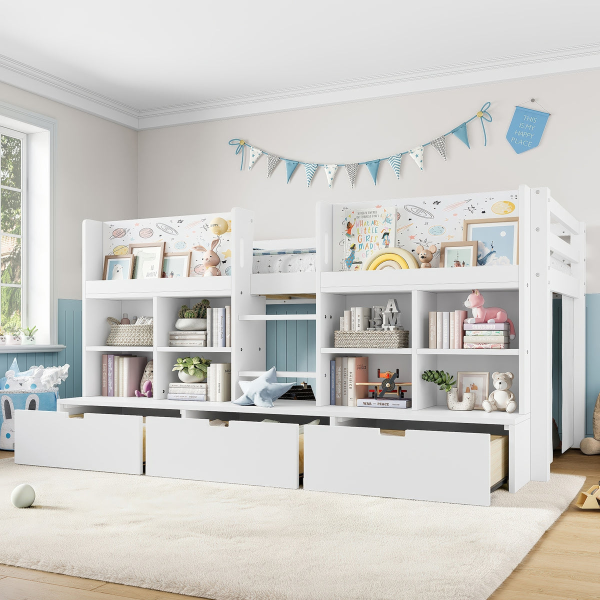 Twin Size Loft Bed with Multi-storage Shelves and Storage, Low Loft Bed with Curtain under the Bed and Chalkboard, No Box Spring Needed, White