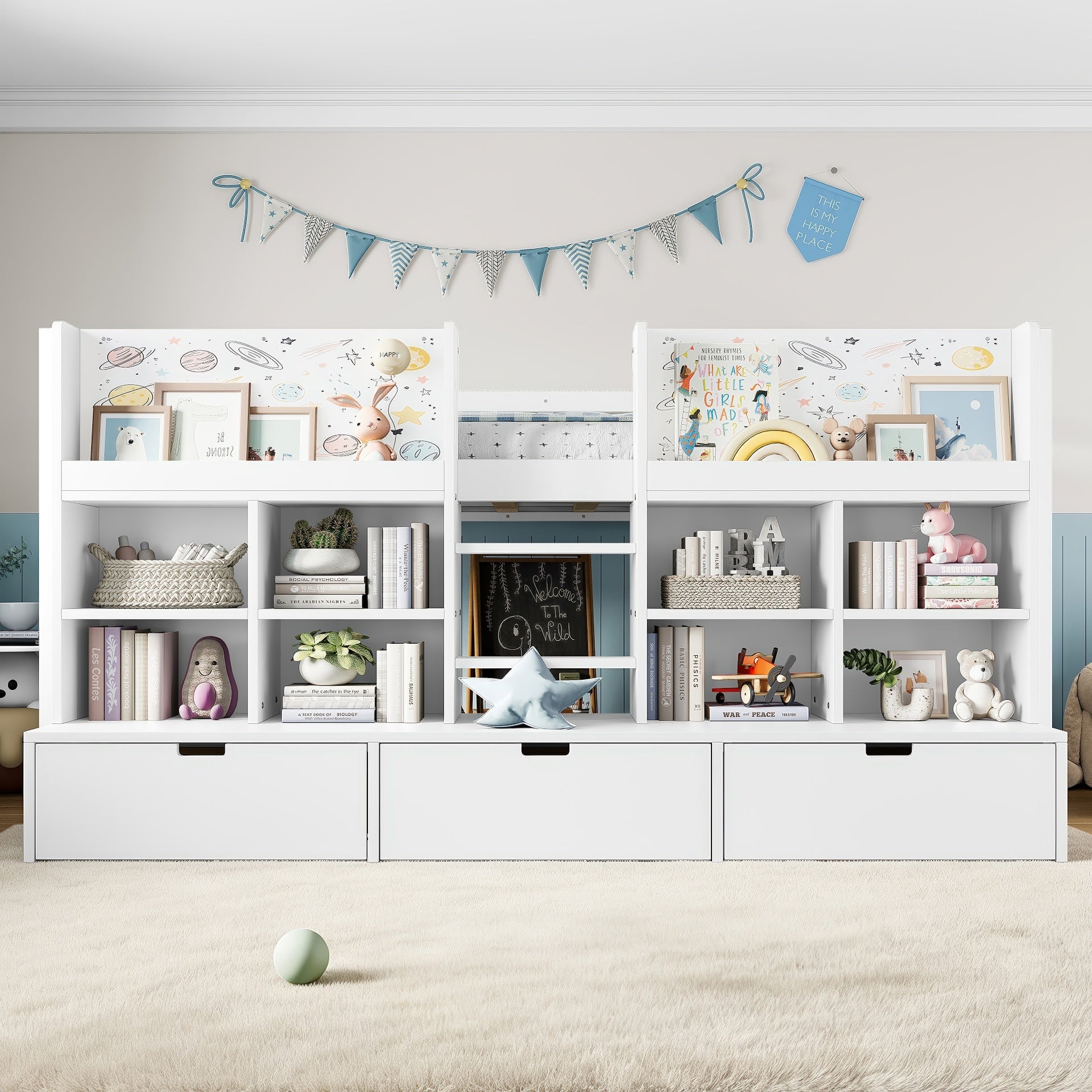 Twin Size Loft Bed with Multi-storage Shelves and Storage, Low Loft Bed with Curtain under the Bed and Chalkboard, No Box Spring Needed, White