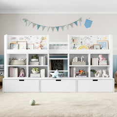 Twin Size Loft Bed with Multi-storage Shelves and Storage, Low Loft Bed with Curtain under the Bed and Chalkboard, No Box Spring Needed, White