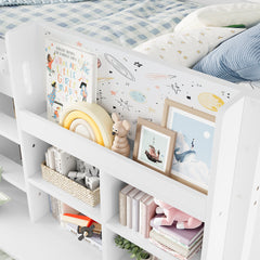 Twin Size Loft Bed with Multi-storage Shelves and Storage, Low Loft Bed with Curtain under the Bed and Chalkboard, No Box Spring Needed, White