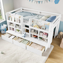 Twin Size Loft Bed with Multi-storage Shelves and Storage, Low Loft Bed with Curtain under the Bed and Chalkboard, No Box Spring Needed, White
