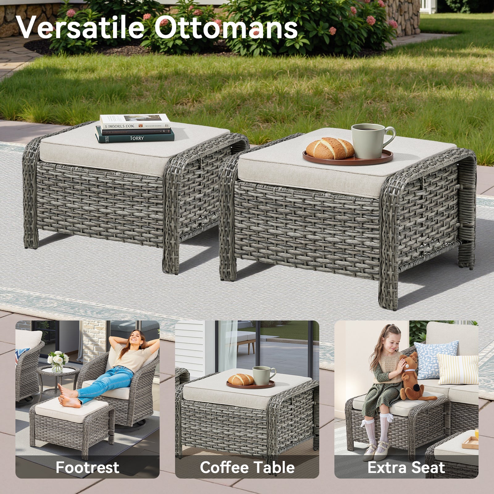Outdoor PE Wicker Ottomans Set of 2, Patio Gray Rattan Footrests with Beige Cushion for Backyard or Deck