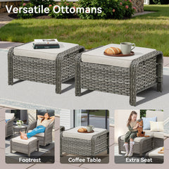 Outdoor PE Wicker Ottomans Set of 2, Patio Gray Rattan Footrests with Beige Cushion for Backyard or Deck