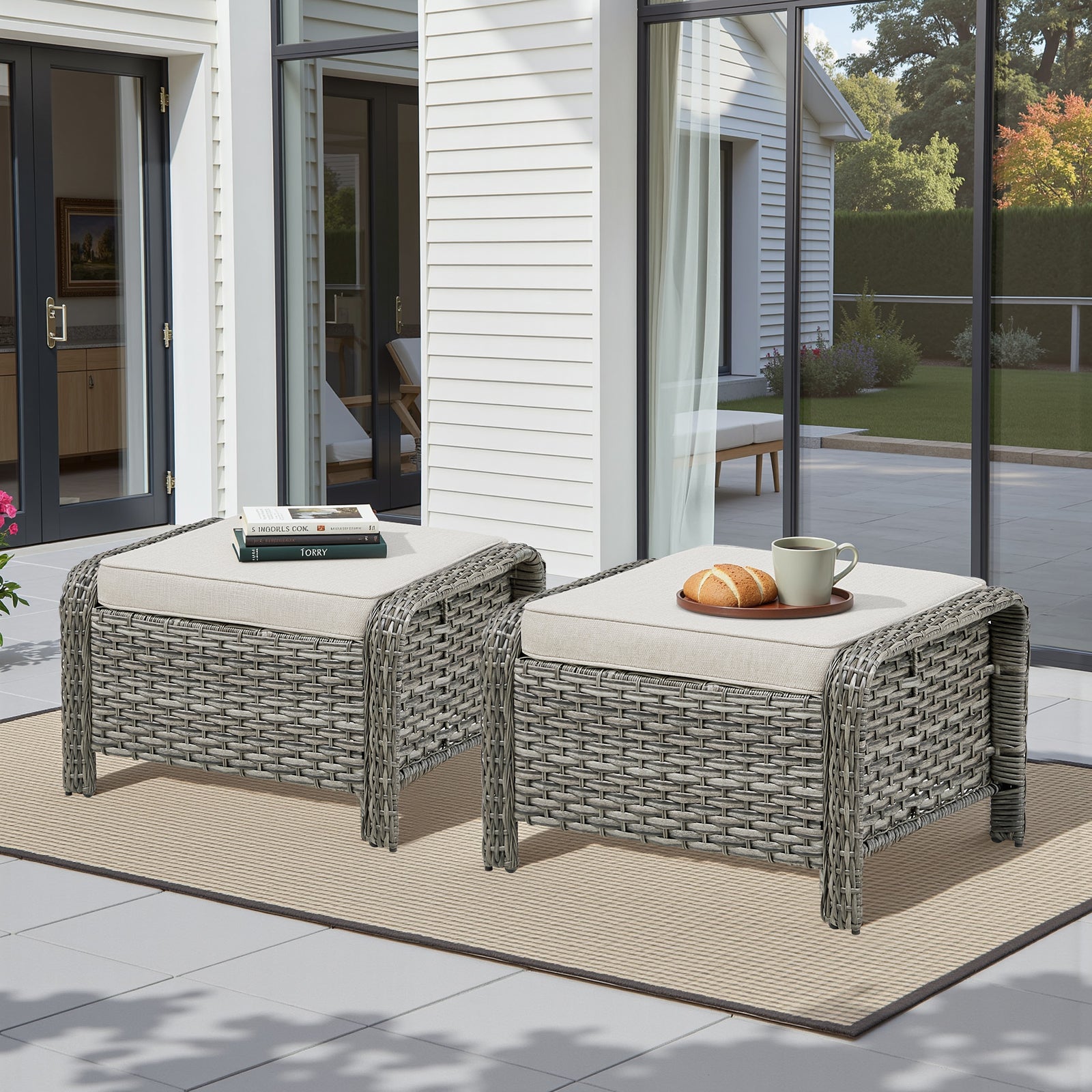 Outdoor PE Wicker Ottomans Set of 2, Patio Gray Rattan Footrests with Beige Cushion for Backyard or Deck