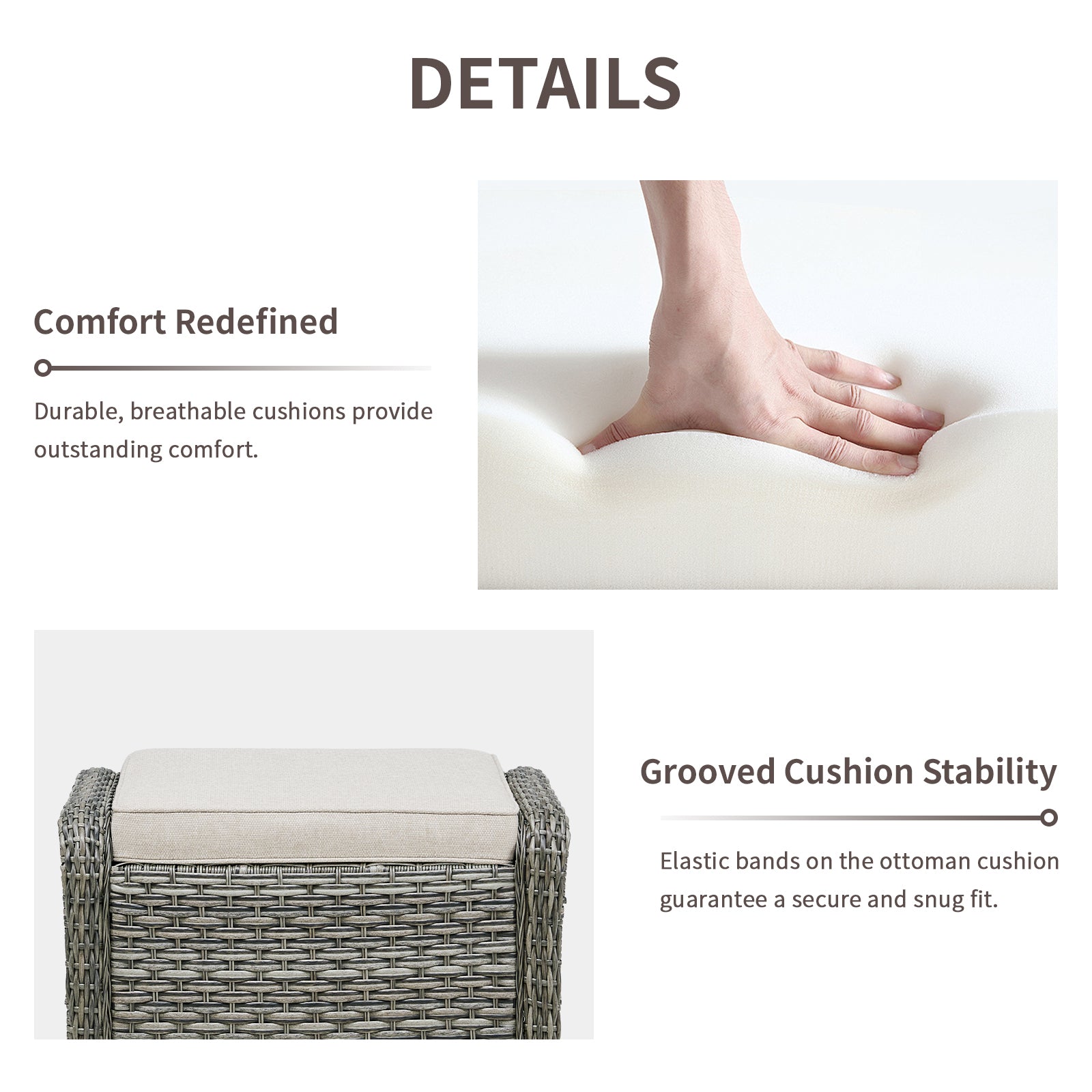 Outdoor PE Wicker Ottomans Set of 2, Patio Gray Rattan Footrests with Beige Cushion for Backyard or Deck