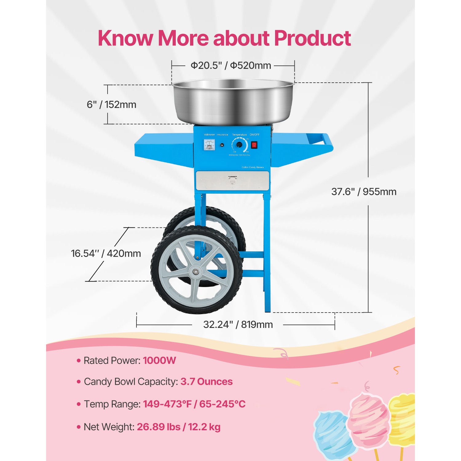 Commercial Cotton Candy Machine with Cart Sugar Floss Maker 1000W for Party Blue