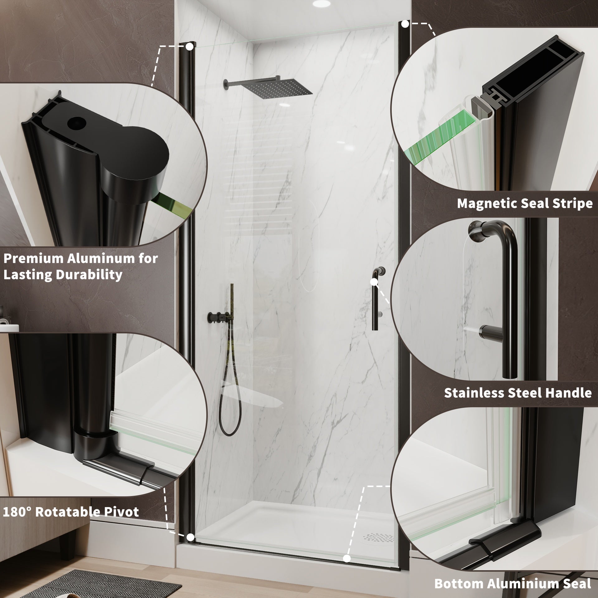 34-36 in.W x 72 in.H Pivot Frameless Shower Door,1/4 in. Clear Glass Pivot Swing Shower Doors in Matt Black,Pivot Shower Door Reversible Installation