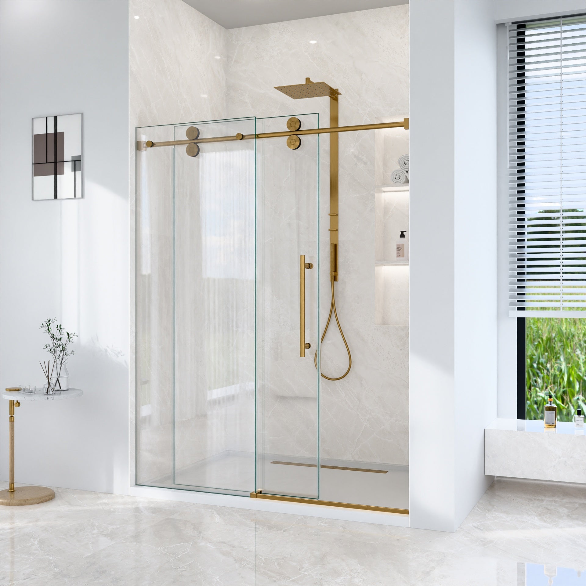 56"-60"W*72" H Frameless Single Sliding Shower Door – 5/16" (8mm) Clear Tempered Glass, Bypass Design with Brushed Gold Finish
