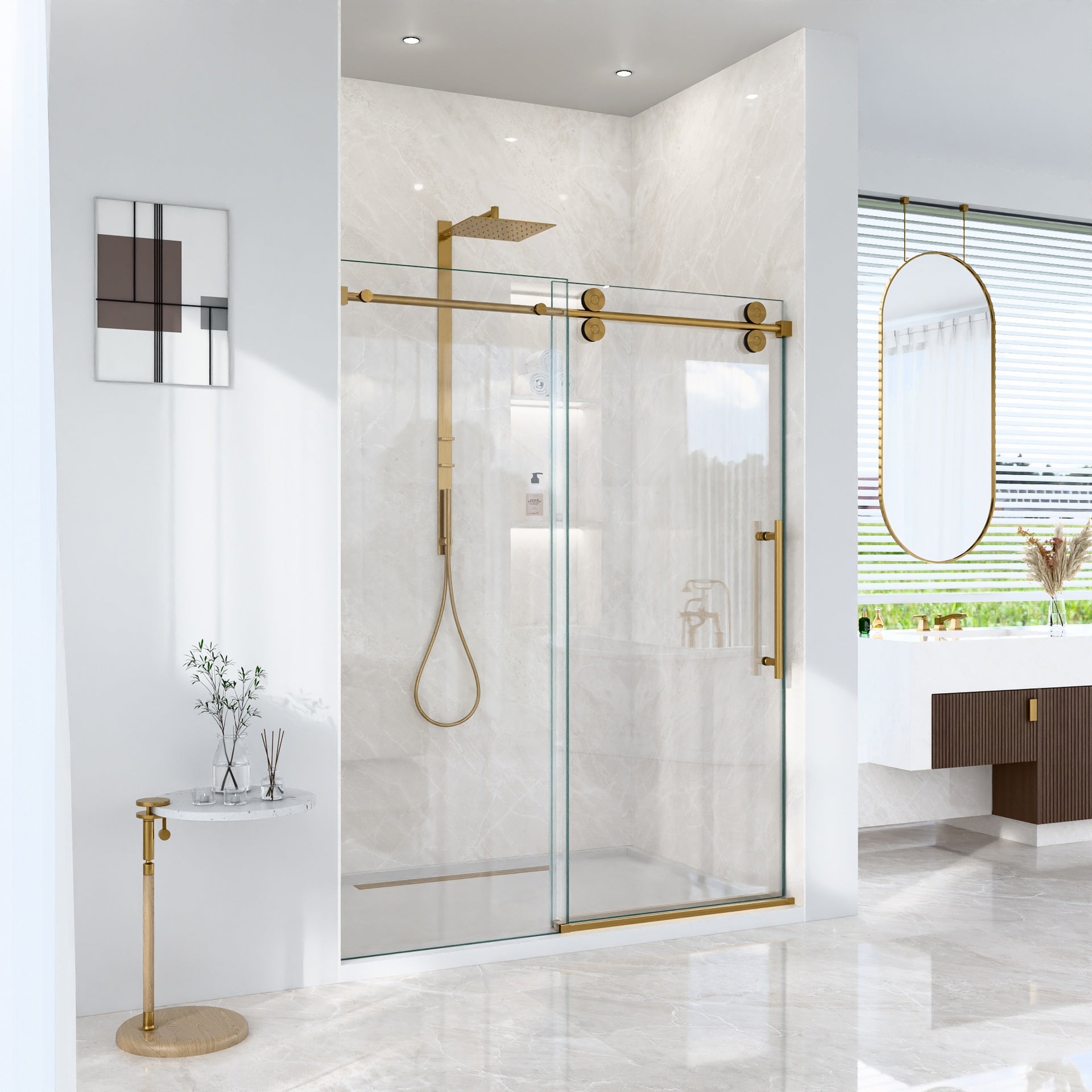 56"-60"W*72" H Frameless Single Sliding Shower Door – 5/16" (8mm) Clear Tempered Glass, Bypass Design with Brushed Gold Finish