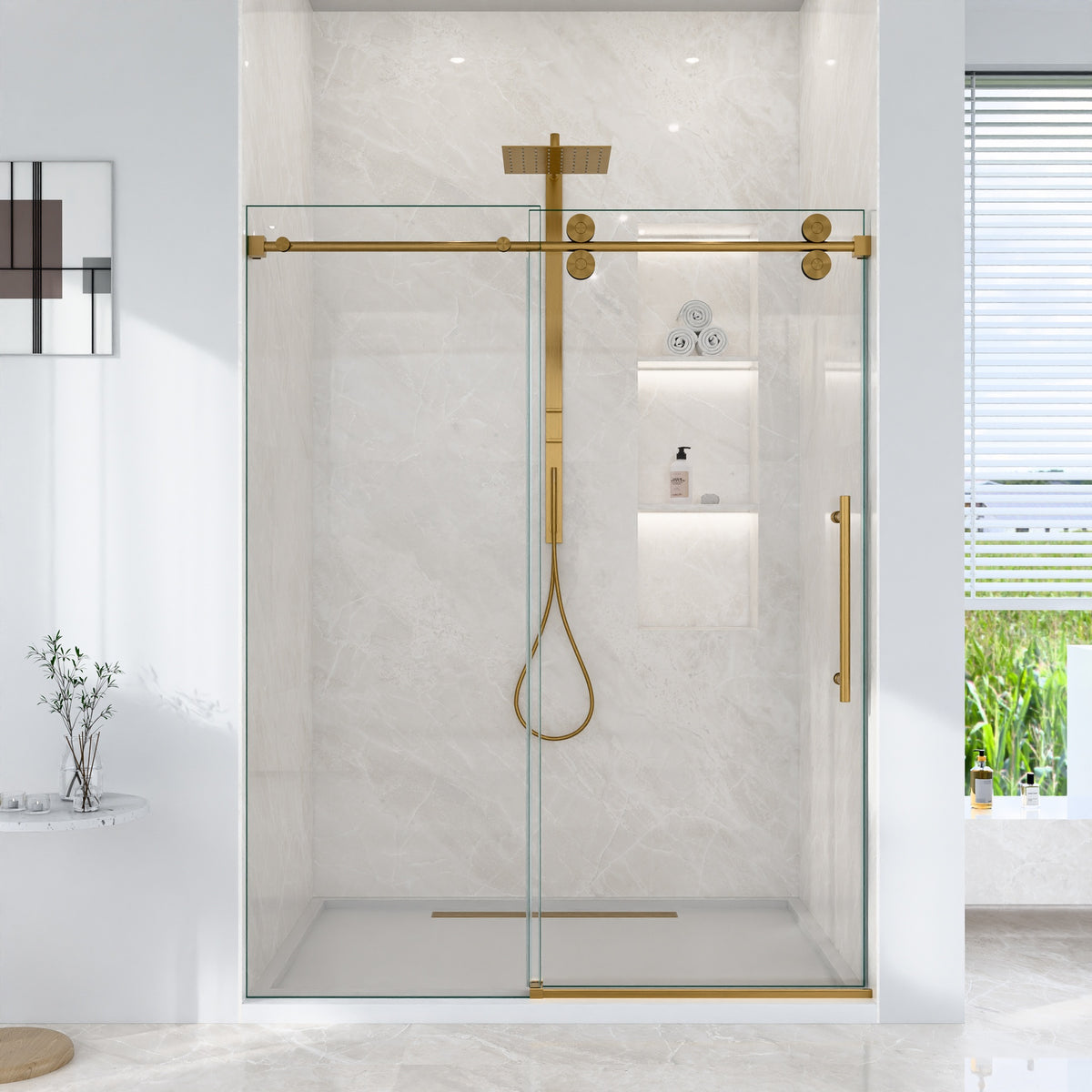 56"-60"W*72" H Frameless Single Sliding Shower Door – 5/16" (8mm) Clear Tempered Glass, Bypass Design with Brushed Gold Finish