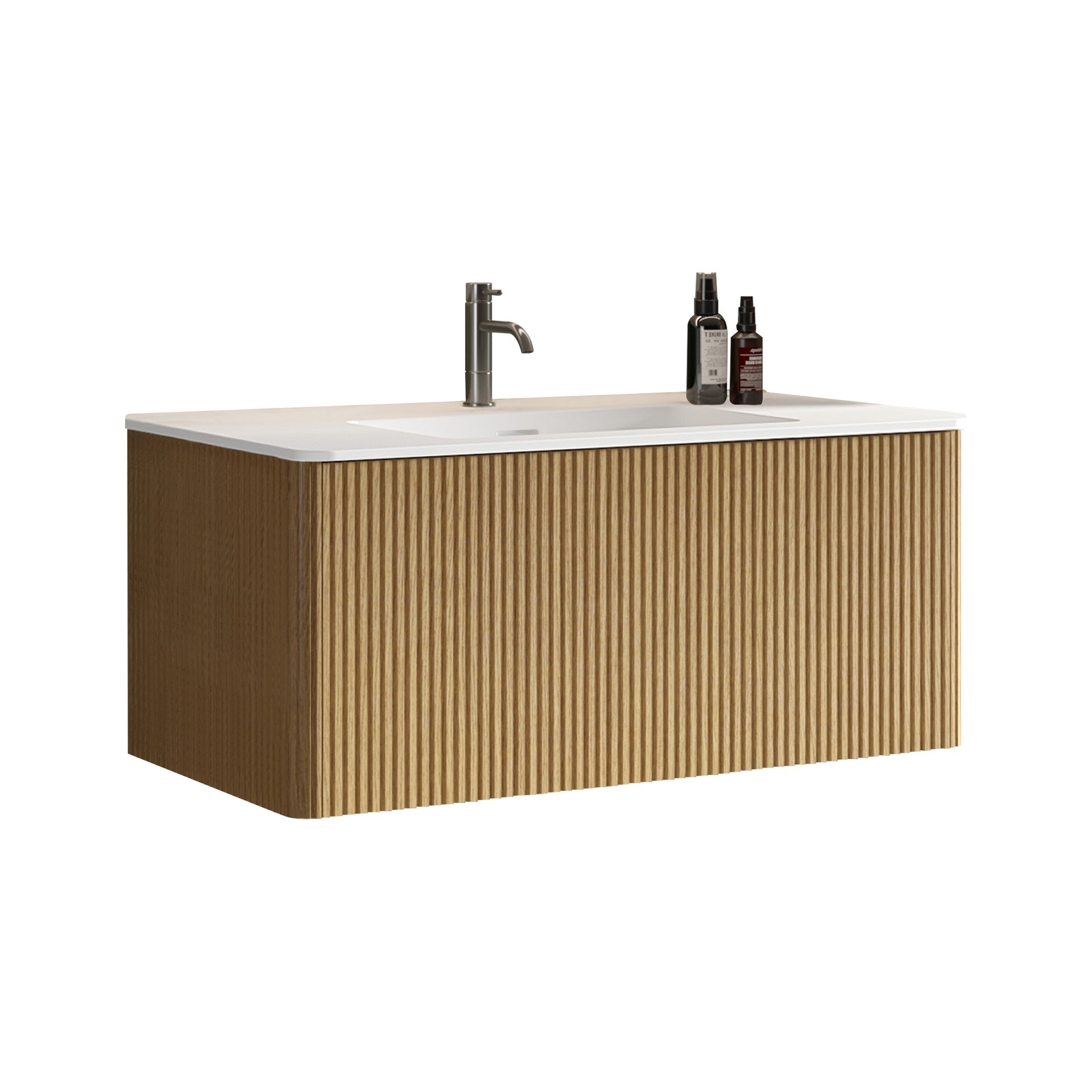 Etna 36"Striped Natural Oak Bathroom Vanity with White Artificial Stone Basin, Wall Mounted Floating Bathroom Vanity for Modern Bathroom, One-Piece White Basin without Drain, Pre-assembled