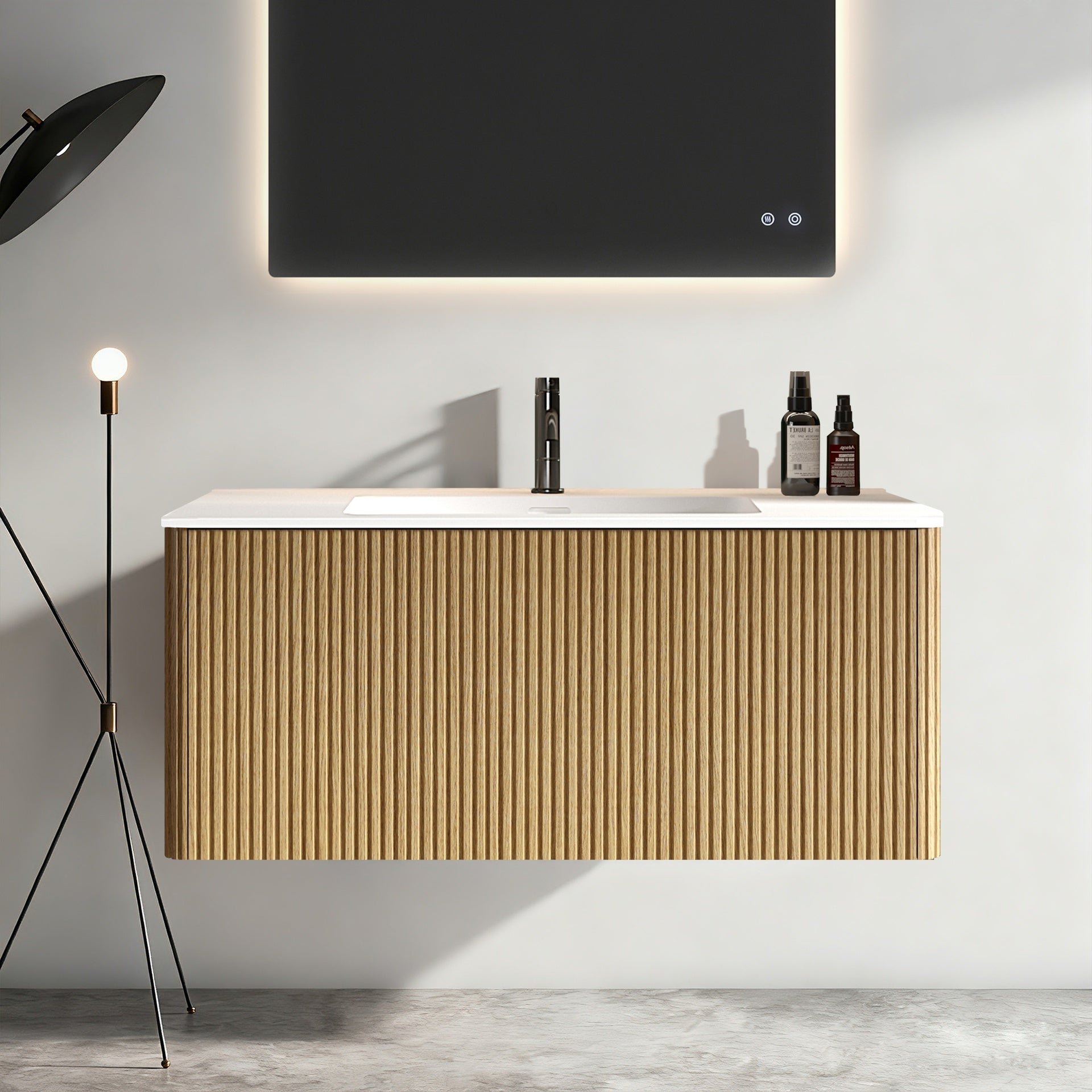 Etna 36"Striped Natural Oak Bathroom Vanity with White Artificial Stone Basin, Wall Mounted Floating Bathroom Vanity for Modern Bathroom, One-Piece White Basin without Drain, Pre-assembled
