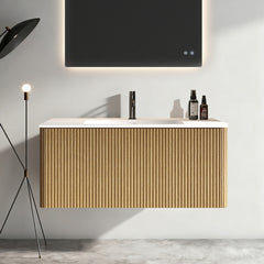 Etna 36"Striped Natural Oak Bathroom Vanity with White Artificial Stone Basin, Wall Mounted Floating Bathroom Vanity for Modern Bathroom, One-Piece White Basin without Drain, Pre-assembled
