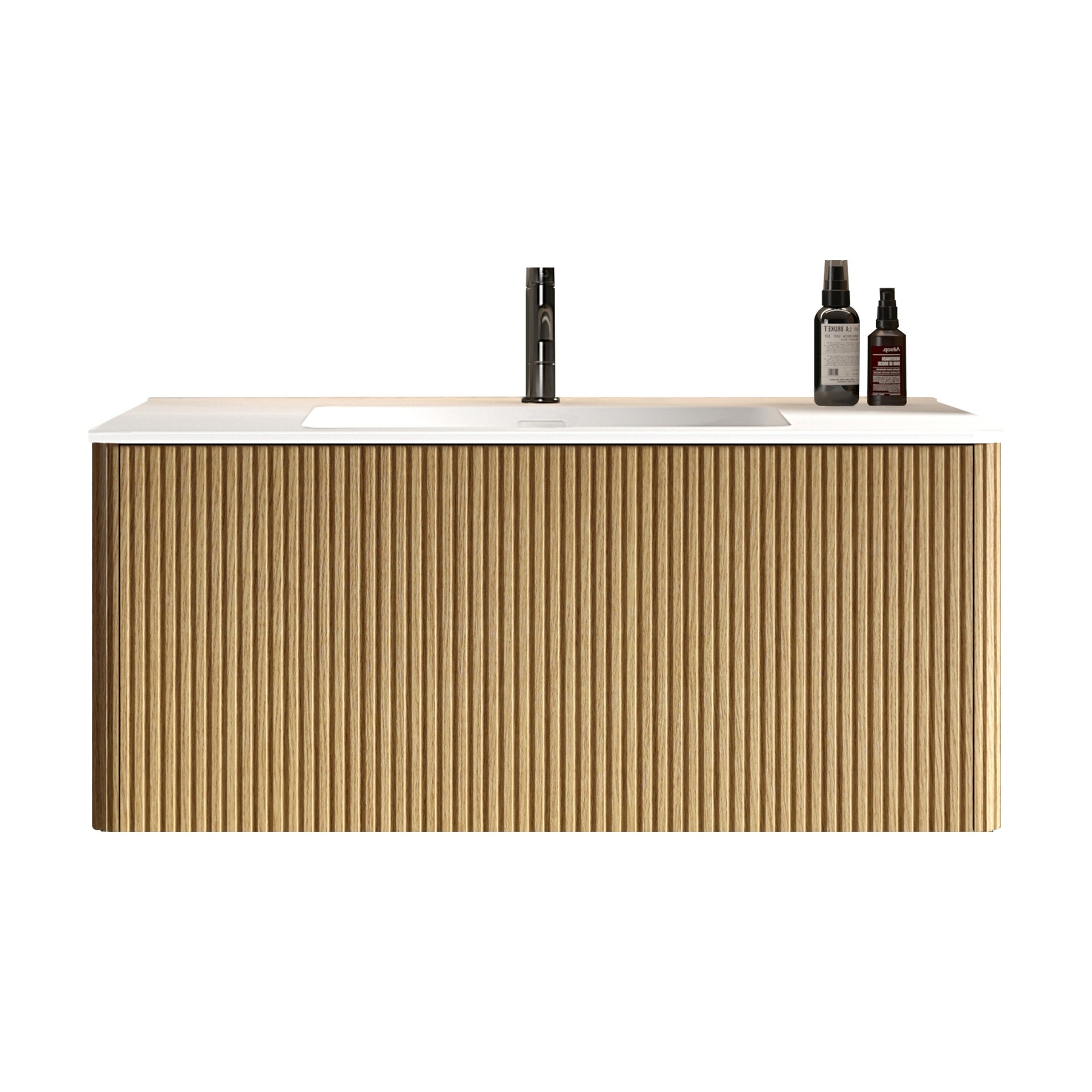 Etna 36"Striped Natural Oak Bathroom Vanity with White Artificial Stone Basin, Wall Mounted Floating Bathroom Vanity for Modern Bathroom, One-Piece White Basin without Drain, Pre-assembled