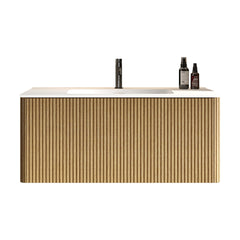 Etna 36"Striped Natural Oak Bathroom Vanity with White Artificial Stone Basin, Wall Mounted Floating Bathroom Vanity for Modern Bathroom, One-Piece White Basin without Drain, Pre-assembled