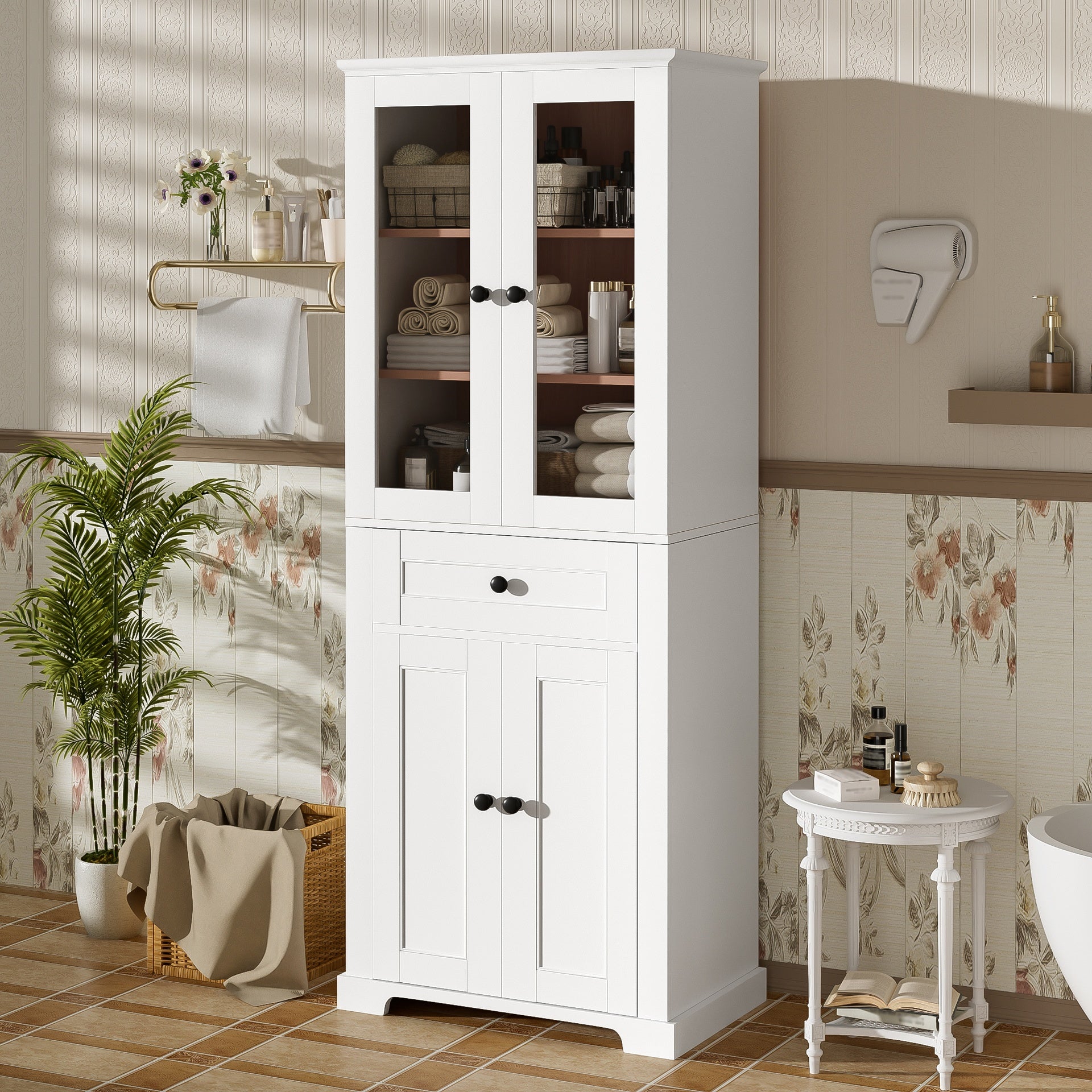 67.57" Tall Bathroom Storage Cabinet with Tempered Glass Doors, Adjustable Shelves & Drawer – Modern Freestanding Linen Tower, Soft-Close Design