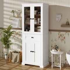 67.57" Tall Bathroom Storage Cabinet with Tempered Glass Doors, Adjustable Shelves & Drawer – Modern Freestanding Linen Tower, Soft-Close Design
