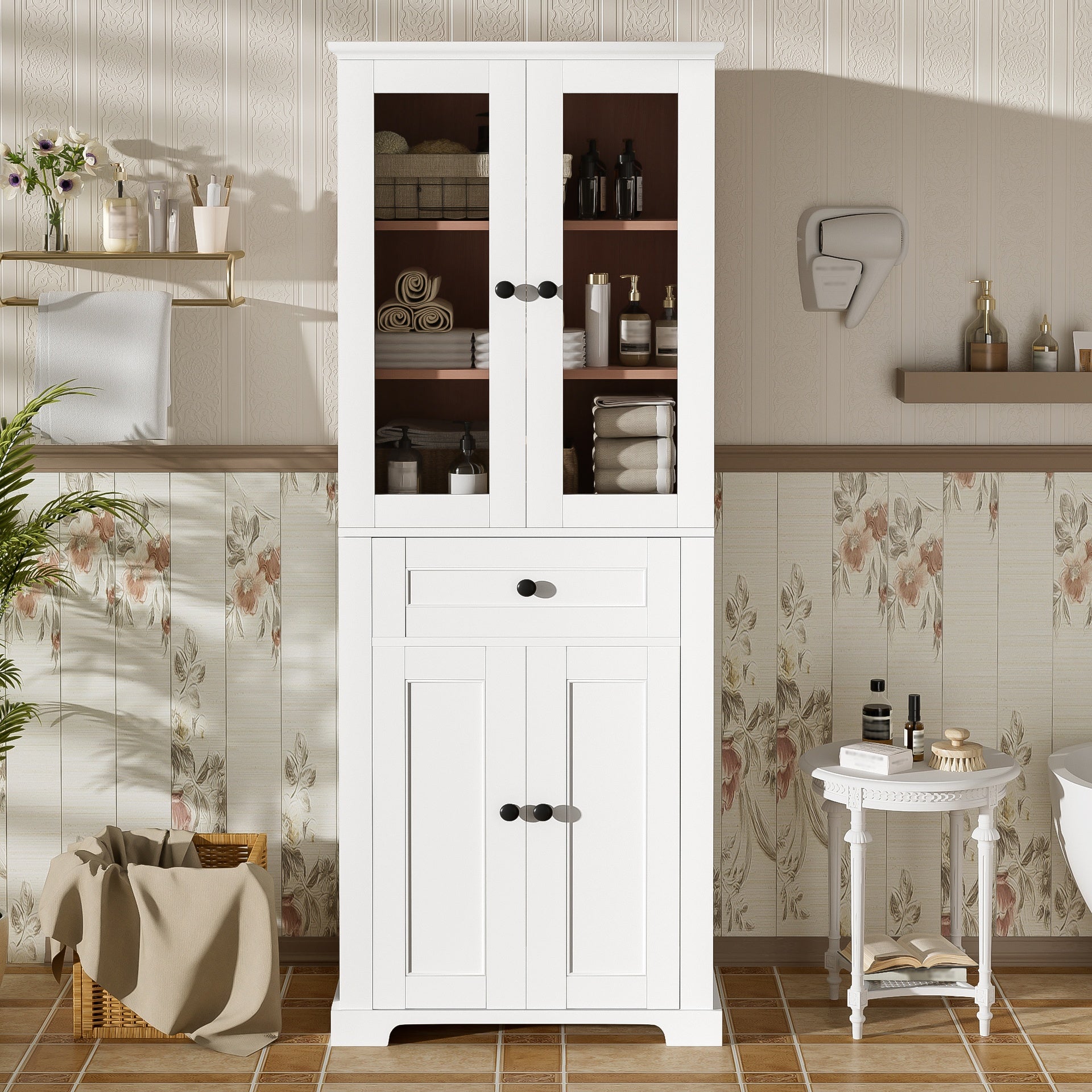 67.57" Tall Bathroom Storage Cabinet with Tempered Glass Doors, Adjustable Shelves & Drawer – Modern Freestanding Linen Tower, Soft-Close Design