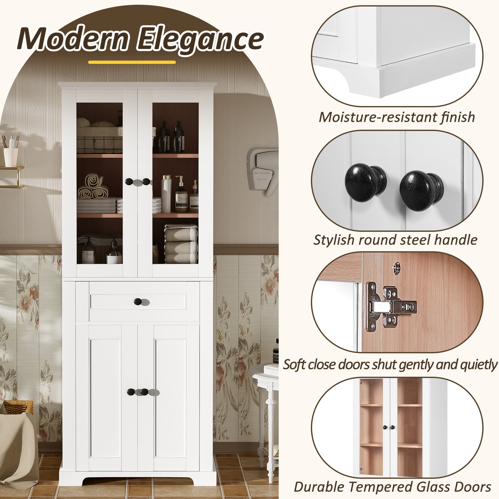 67.57" Tall Bathroom Storage Cabinet with Tempered Glass Doors, Adjustable Shelves & Drawer – Modern Freestanding Linen Tower, Soft-Close Design