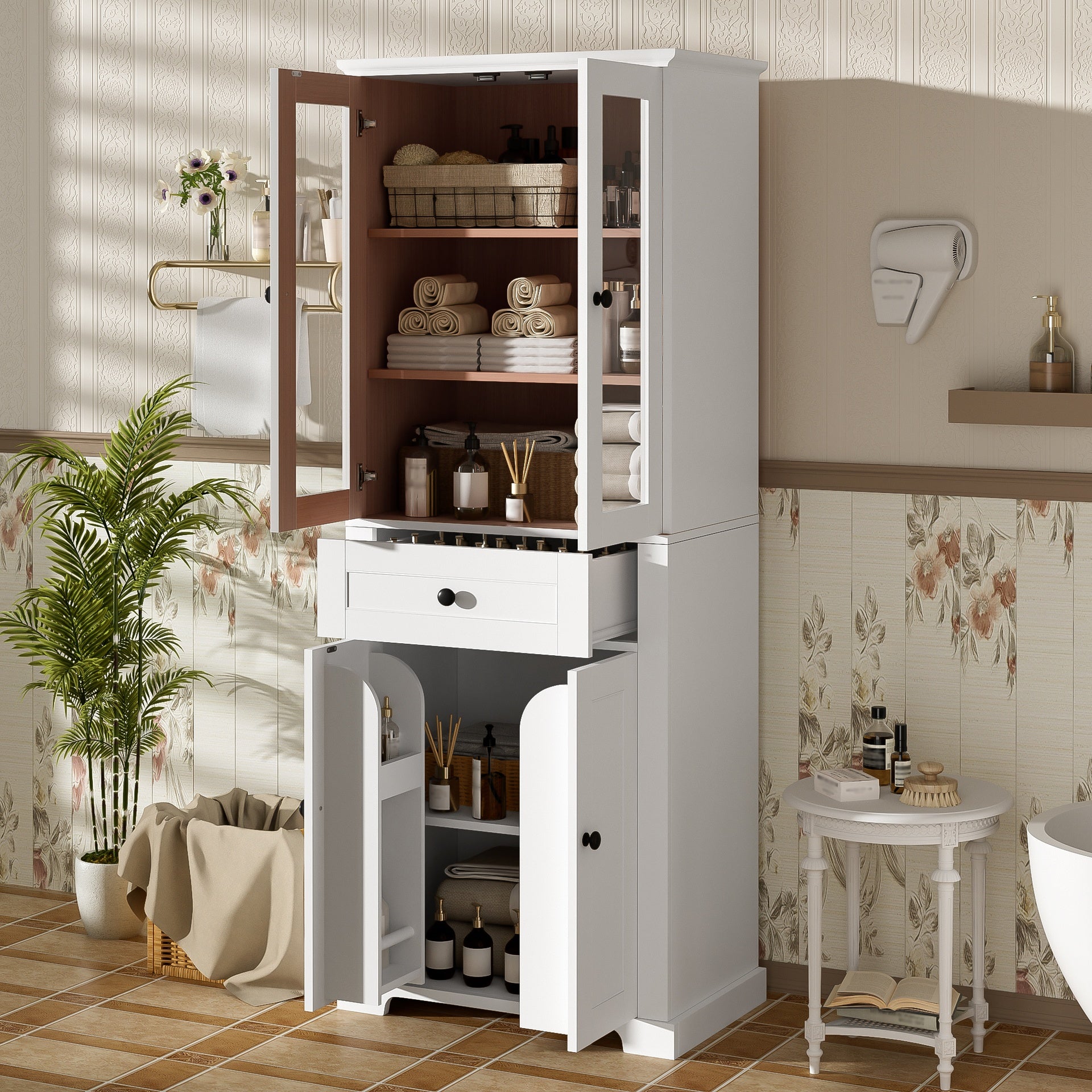 67.57" Tall Bathroom Storage Cabinet with Tempered Glass Doors, Adjustable Shelves & Drawer – Modern Freestanding Linen Tower, Soft-Close Design
