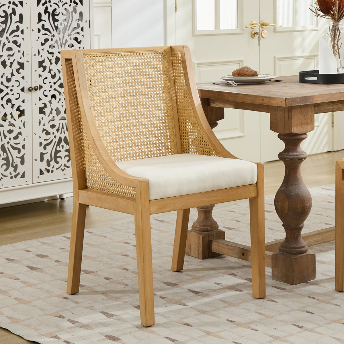 Rattan Dining Chairs, Solid Wood Frame with Decorative Armrests, Linen Upholstered Seat, Rustic Wooden Style Side Chairs for Kitchen, Dining Room, Living Room, Natural Finish,Beige,Single Pack