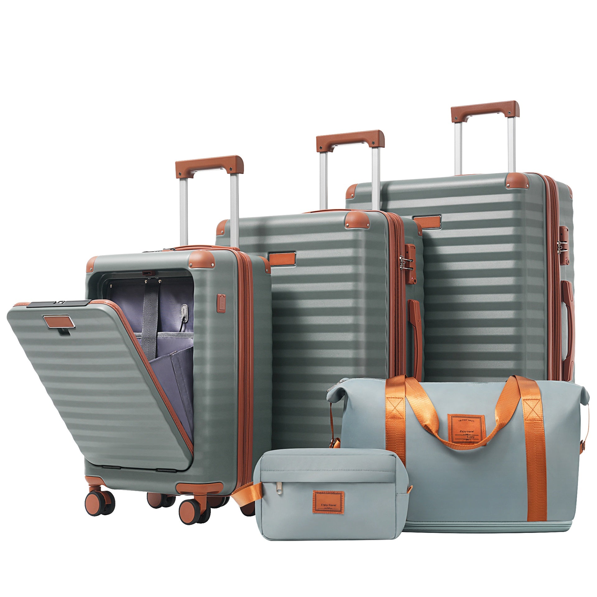 Luggage Sets 5 Piece with Front Opening , Hardside Expandable Carry on Suitcase with Spinner Wheels TSA Lock USB Port  Cup Holder Duffel Bag and Toiletry Bag