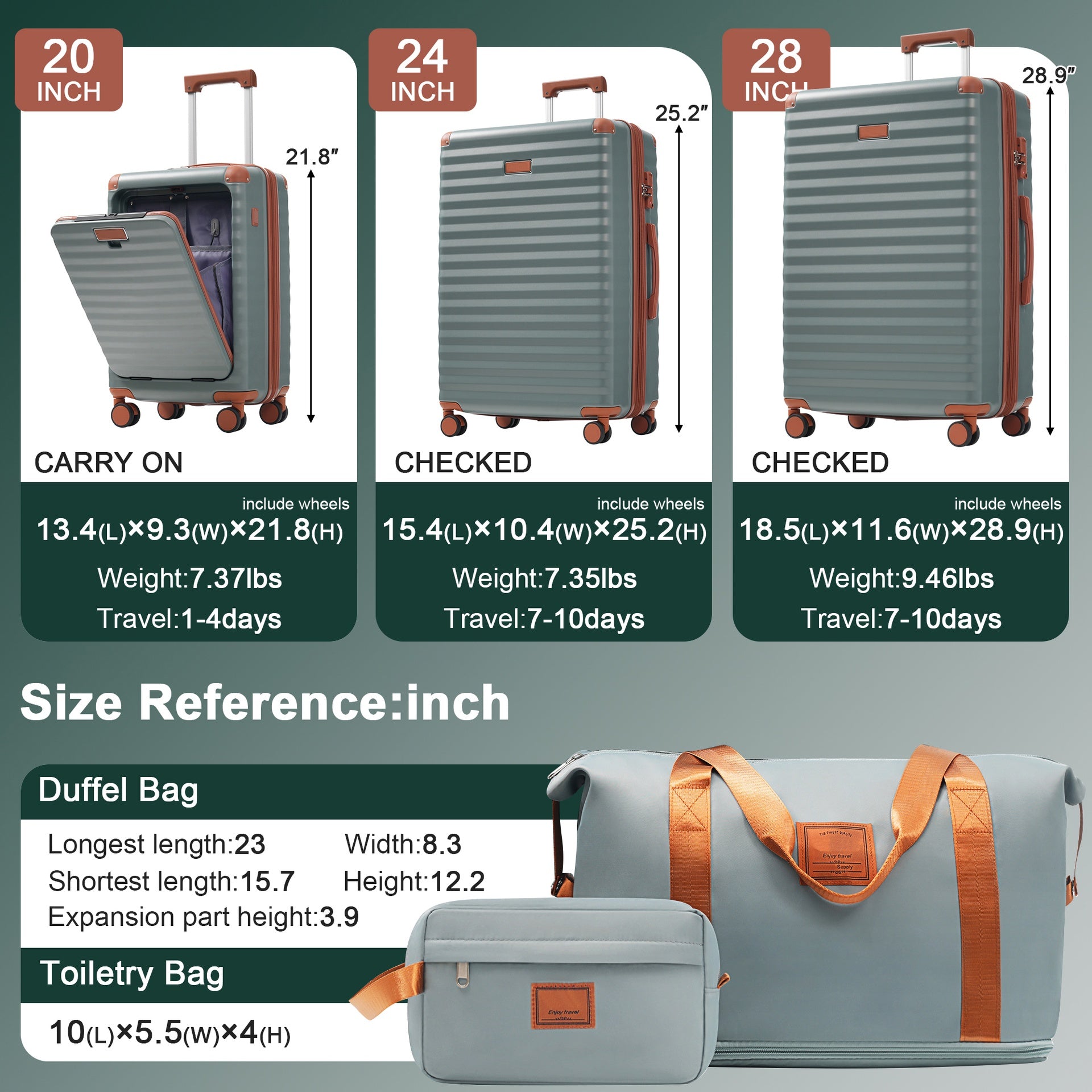 Luggage Sets 5 Piece with Front Opening , Hardside Expandable Carry on Suitcase with Spinner Wheels TSA Lock USB Port  Cup Holder Duffel Bag and Toiletry Bag