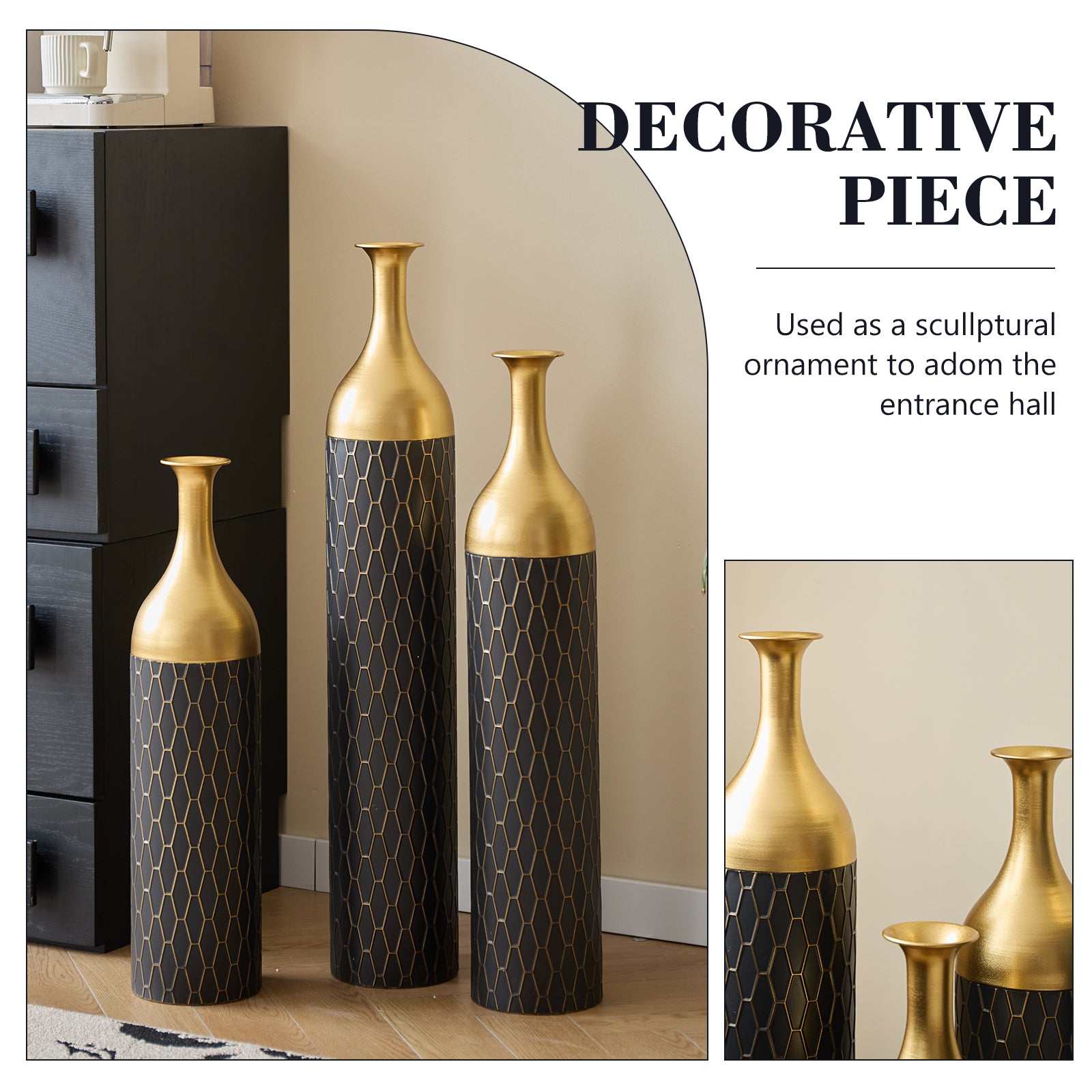 3-Piece Handcrafted Metal Floor Vase Set, Black & Gold Honeycomb Pattern Vases (24.8"/30.31"/34.25") for Living Room Entryway, Modern Glam Decor for Pampas Grass & Dried Flowers