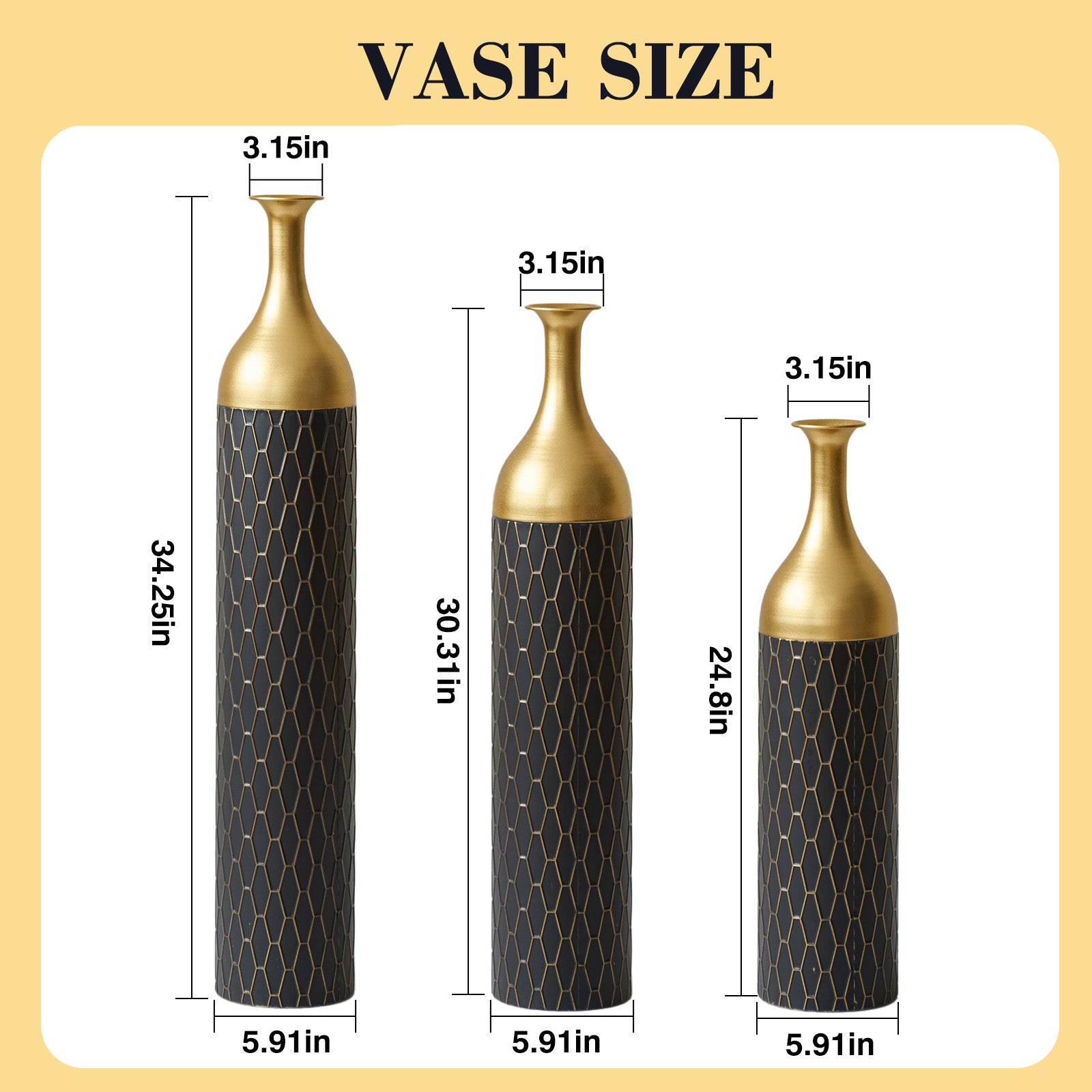 3-Piece Handcrafted Metal Floor Vase Set, Black & Gold Honeycomb Pattern Vases (24.8"/30.31"/34.25") for Living Room Entryway, Modern Glam Decor for Pampas Grass & Dried Flowers