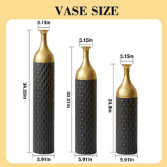 3-Piece Handcrafted Metal Floor Vase Set, Black & Gold Honeycomb Pattern Vases (24.8"/30.31"/34.25") for Living Room Entryway, Modern Glam Decor for Pampas Grass & Dried Flowers