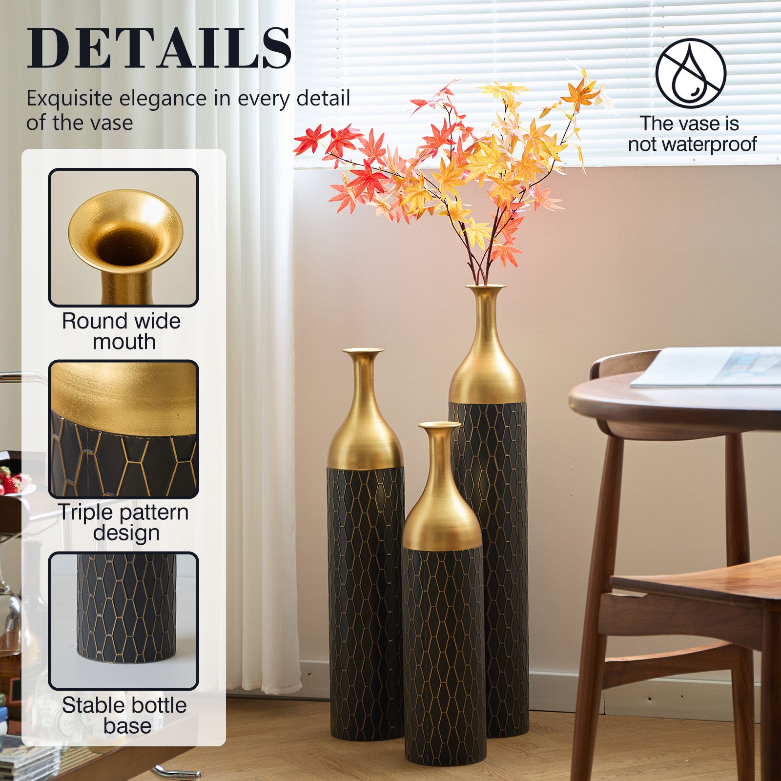 3-Piece Handcrafted Metal Floor Vase Set, Black & Gold Honeycomb Pattern Vases (24.8"/30.31"/34.25") for Living Room Entryway, Modern Glam Decor for Pampas Grass & Dried Flowers