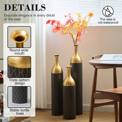 3-Piece Handcrafted Metal Floor Vase Set, Black & Gold Honeycomb Pattern Vases (24.8"/30.31"/34.25") for Living Room Entryway, Modern Glam Decor for Pampas Grass & Dried Flowers