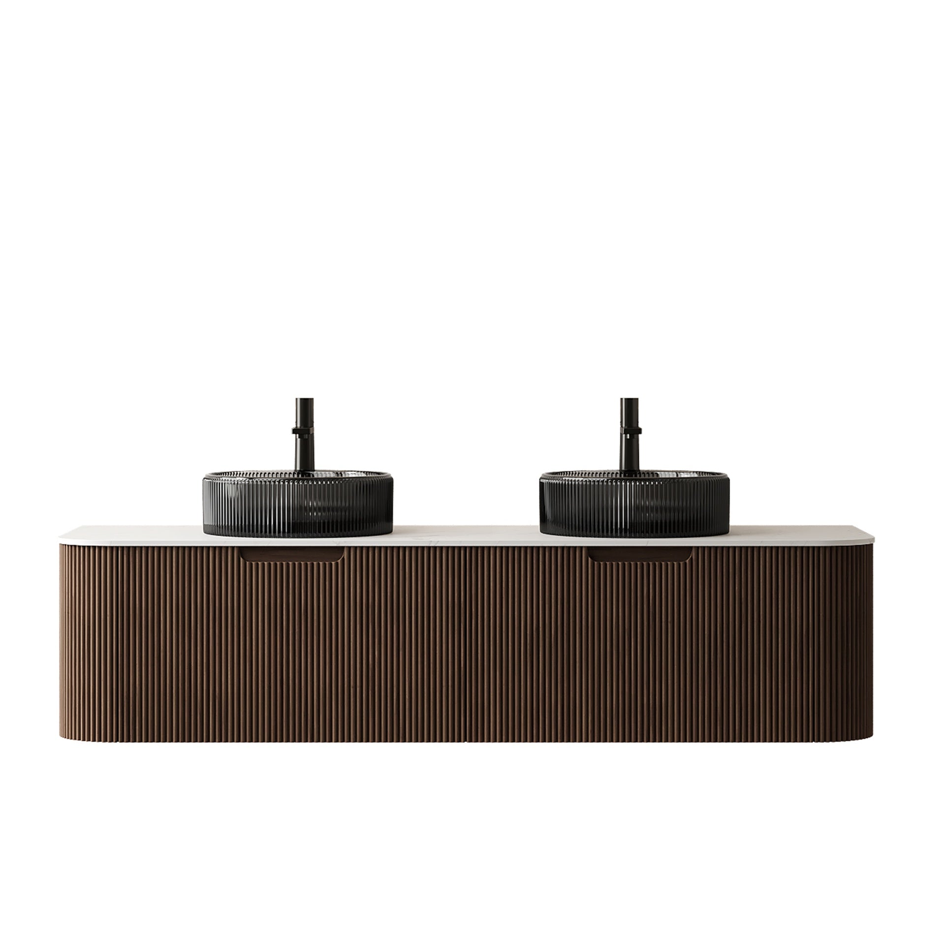 DINA 60" Bathroom Vanity with Sinks, Wall-Mounted Curved Edges Striped Storage Cabinet with 2 Drawers, 2 Transparent Black Round Glass Basins and Countertop, Pre-assembled, Dark Walnut Woodgrain Color