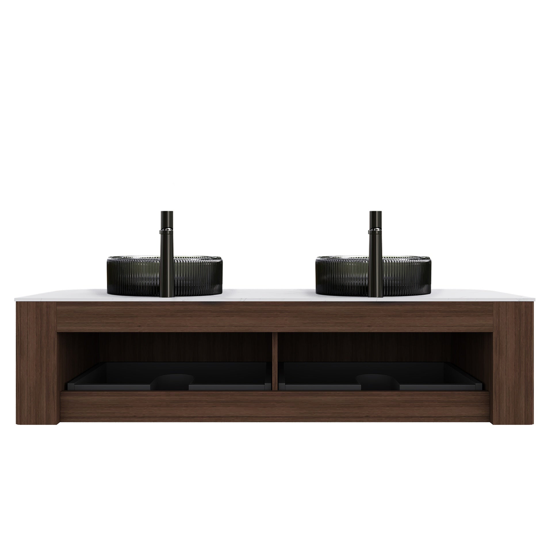 DINA 60" Bathroom Vanity with Sinks, Wall-Mounted Curved Edges Striped Storage Cabinet with 2 Drawers, 2 Transparent Black Round Glass Basins and Countertop, Pre-assembled, Dark Walnut Woodgrain Color