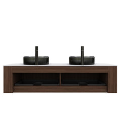 DINA 60" Bathroom Vanity with Sinks, Wall-Mounted Curved Edges Striped Storage Cabinet with 2 Drawers, 2 Transparent Black Round Glass Basins and Countertop, Pre-assembled, Dark Walnut Woodgrain Color