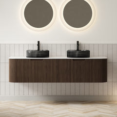 DINA 60" Bathroom Vanity with Sinks, Wall-Mounted Curved Edges Striped Storage Cabinet with 2 Drawers, 2 Transparent Black Round Glass Basins and Countertop, Pre-assembled, Dark Walnut Woodgrain Color