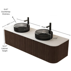 DINA 60" Bathroom Vanity with Sinks, Wall-Mounted Curved Edges Striped Storage Cabinet with 2 Drawers, 2 Transparent Black Round Glass Basins and Countertop, Pre-assembled, Dark Walnut Woodgrain Color
