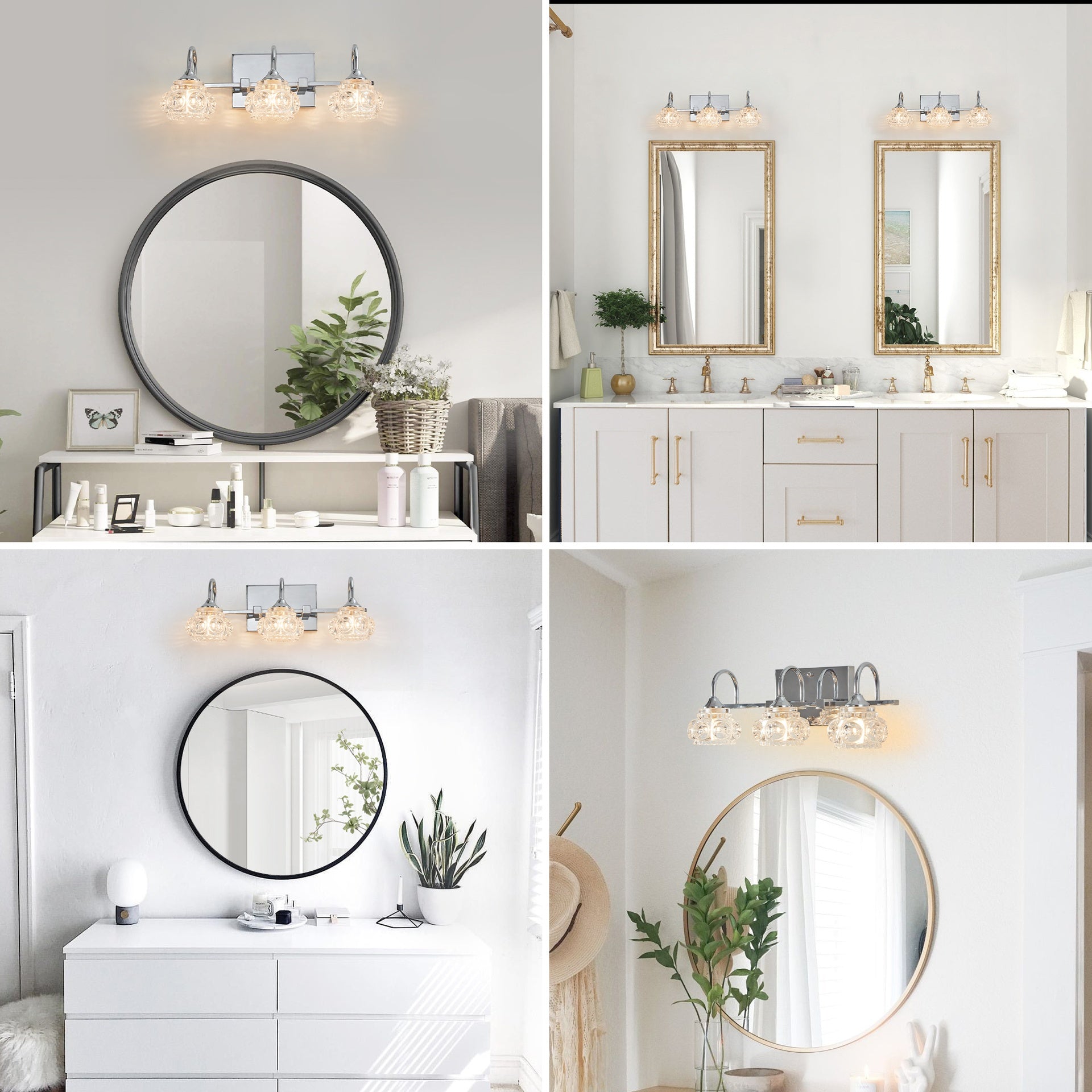 17" Nickel Finish Vintage Crystal Glass Vanity Light - Elegant 3-Light Bathroom Mirror Fixture with Clear Glass Shades (No Bulbs)