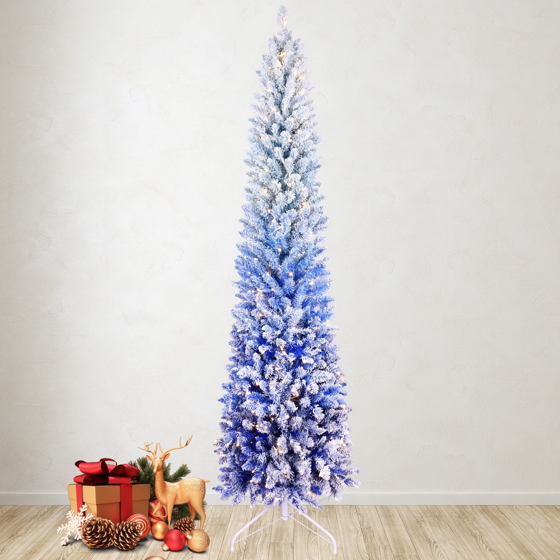 7FT Blue Gradient Flocked Pencil Christmas Tree with 300 Warm White LED Lights, 725 Tips, Hinged Branches, Slim Design, Metal Stand – Narrow Prelit Tree for Holiday Home Decor
