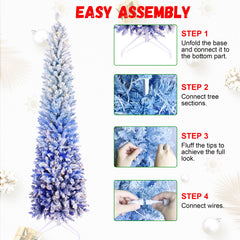 7FT Blue Gradient Flocked Pencil Christmas Tree with 300 Warm White LED Lights, 725 Tips, Hinged Branches, Slim Design, Metal Stand – Narrow Prelit Tree for Holiday Home Decor