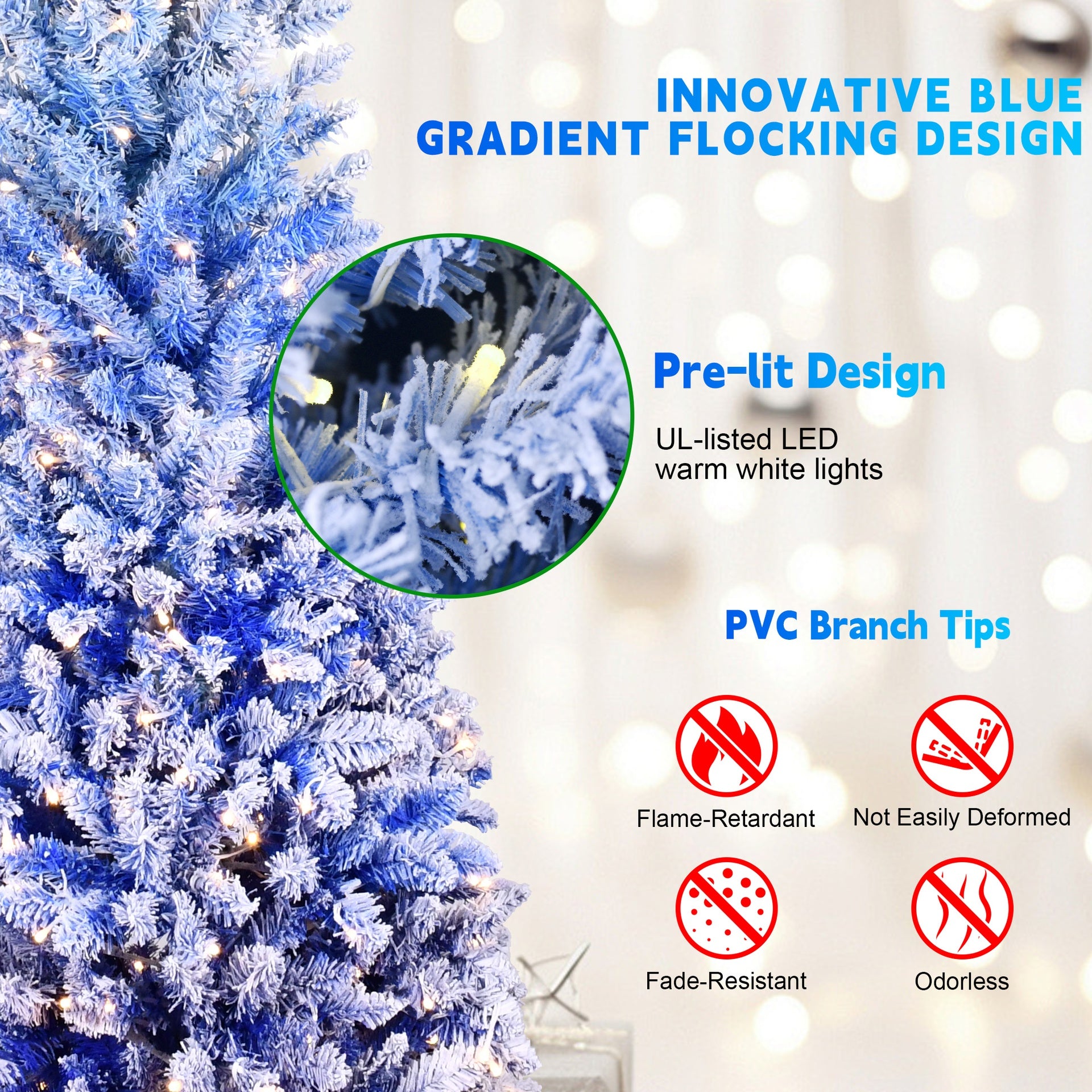7FT Blue Gradient Flocked Pencil Christmas Tree with 300 Warm White LED Lights, 725 Tips, Hinged Branches, Slim Design, Metal Stand – Narrow Prelit Tree for Holiday Home Decor