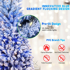 7FT Blue Gradient Flocked Pencil Christmas Tree with 300 Warm White LED Lights, 725 Tips, Hinged Branches, Slim Design, Metal Stand – Narrow Prelit Tree for Holiday Home Decor