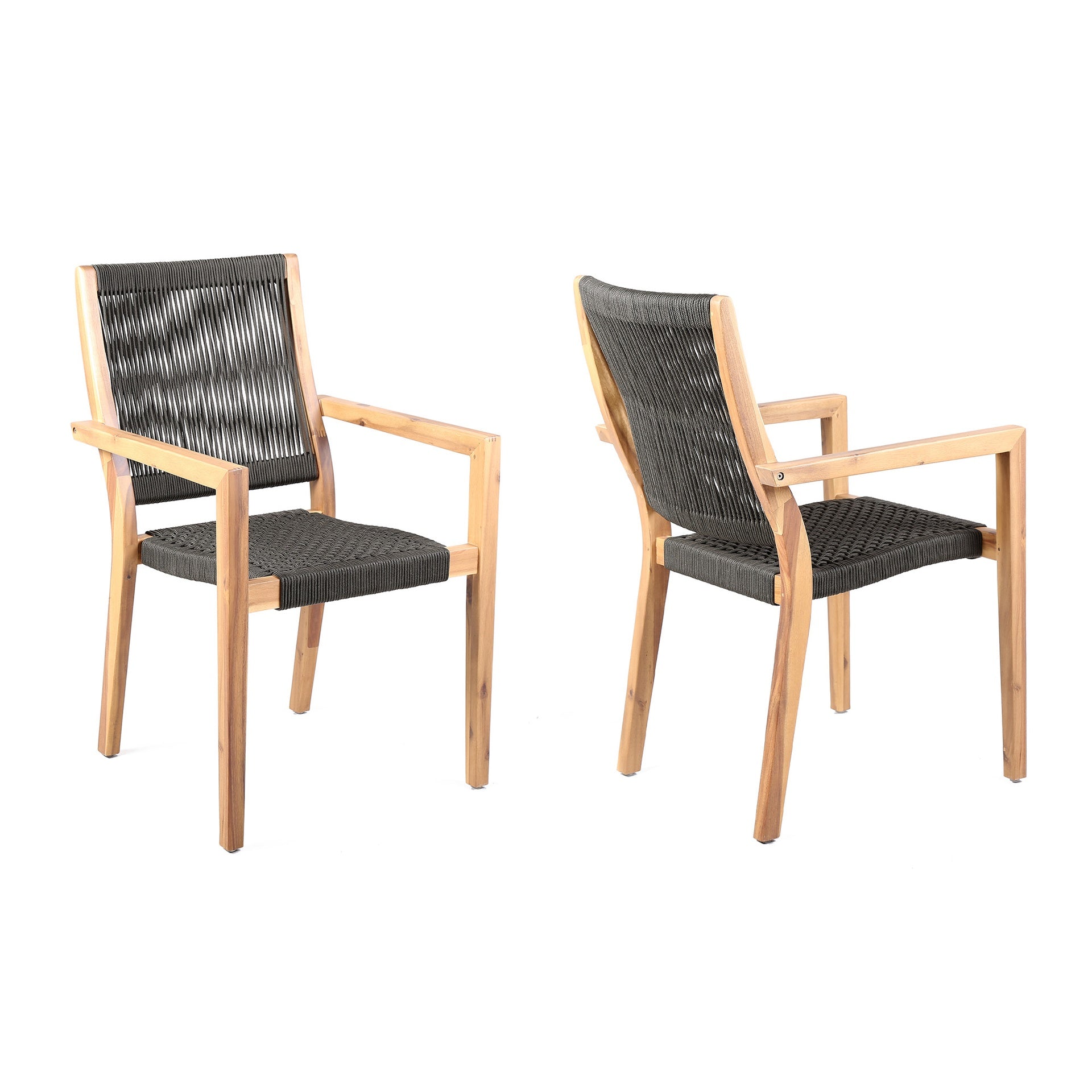 Rivani Outdoor Eucalyptus Wood and Charcoal Rope Dining Chairs with Teak Finish - Set of 2