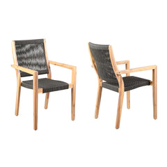 Rivani Outdoor Eucalyptus Wood and Charcoal Rope Dining Chairs with Teak Finish - Set of 2