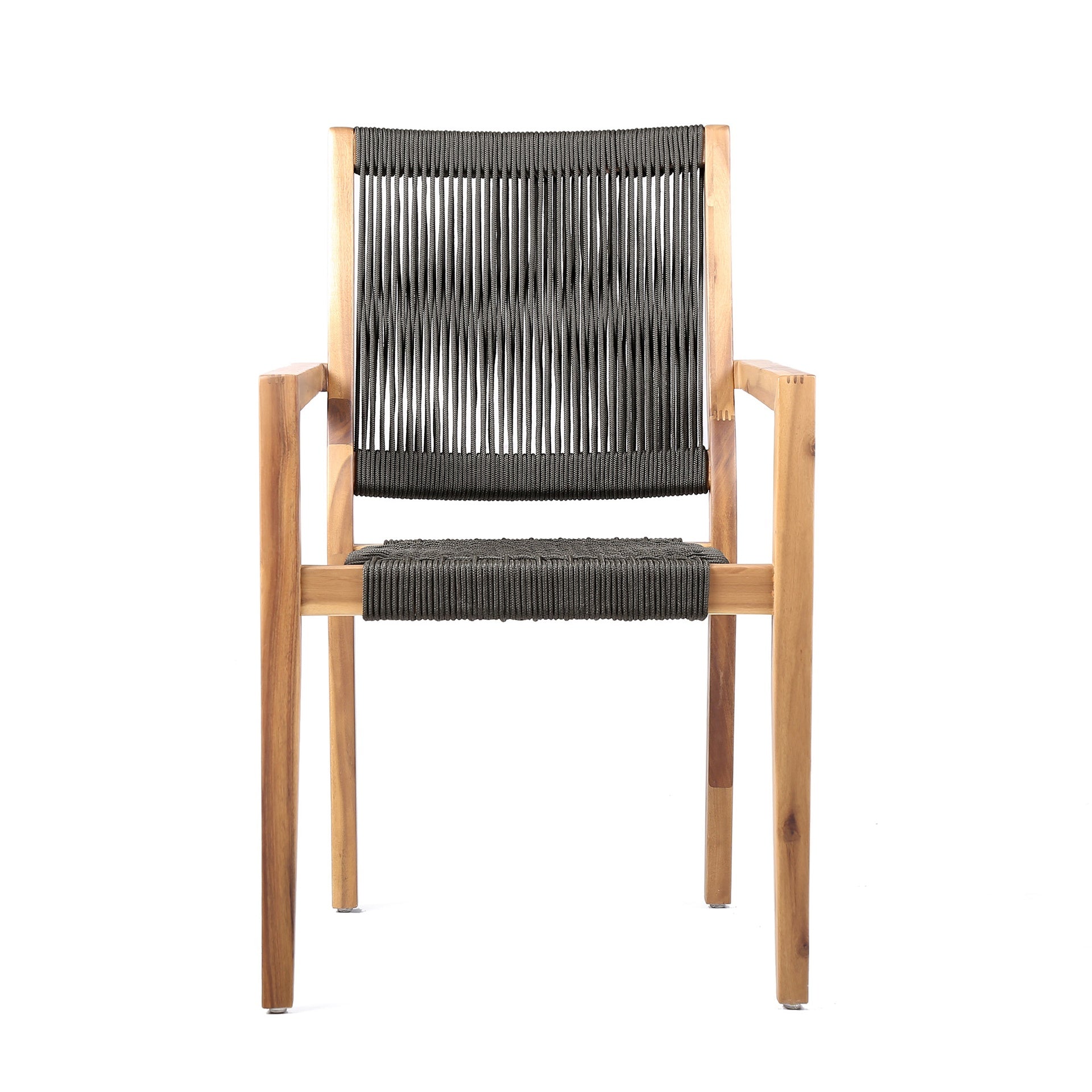 Rivani Outdoor Eucalyptus Wood and Charcoal Rope Dining Chairs with Teak Finish - Set of 2