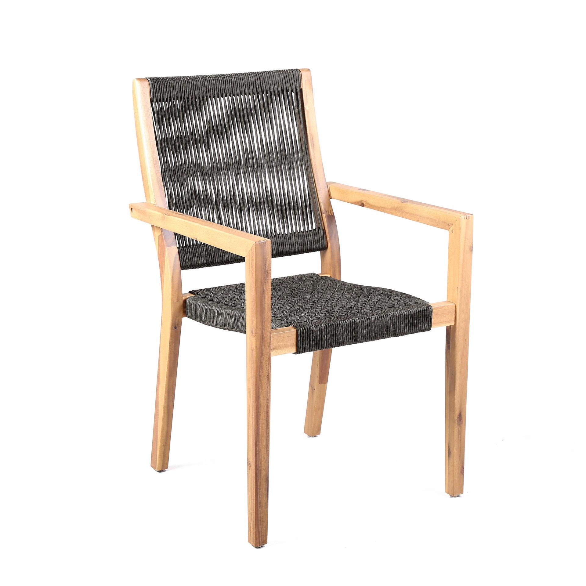 Rivani Outdoor Eucalyptus Wood and Charcoal Rope Dining Chairs with Teak Finish - Set of 2