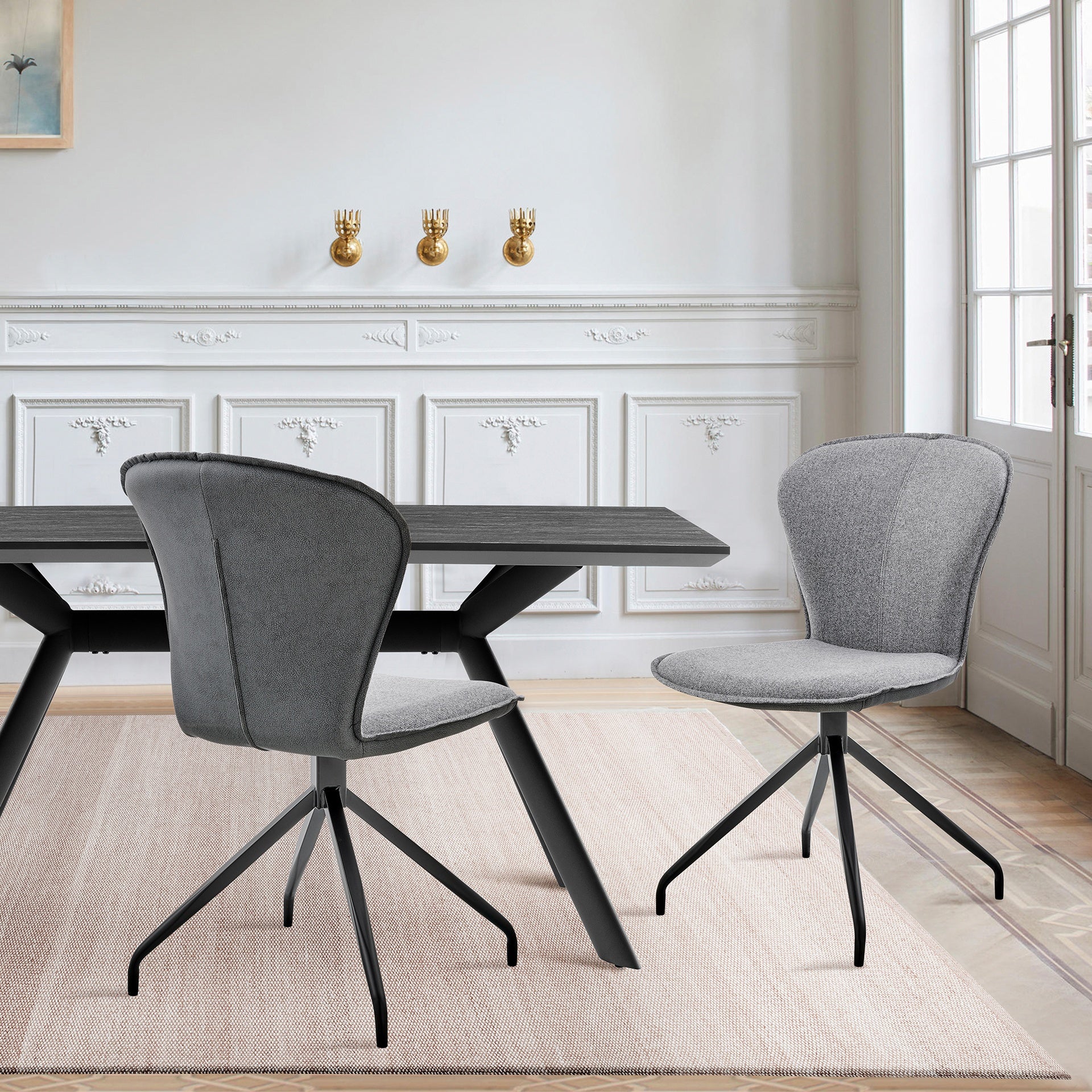 Cyrine Dining Room Accent Chair in Gray Fabric and Faux Leather with Black Finish - Set of 2