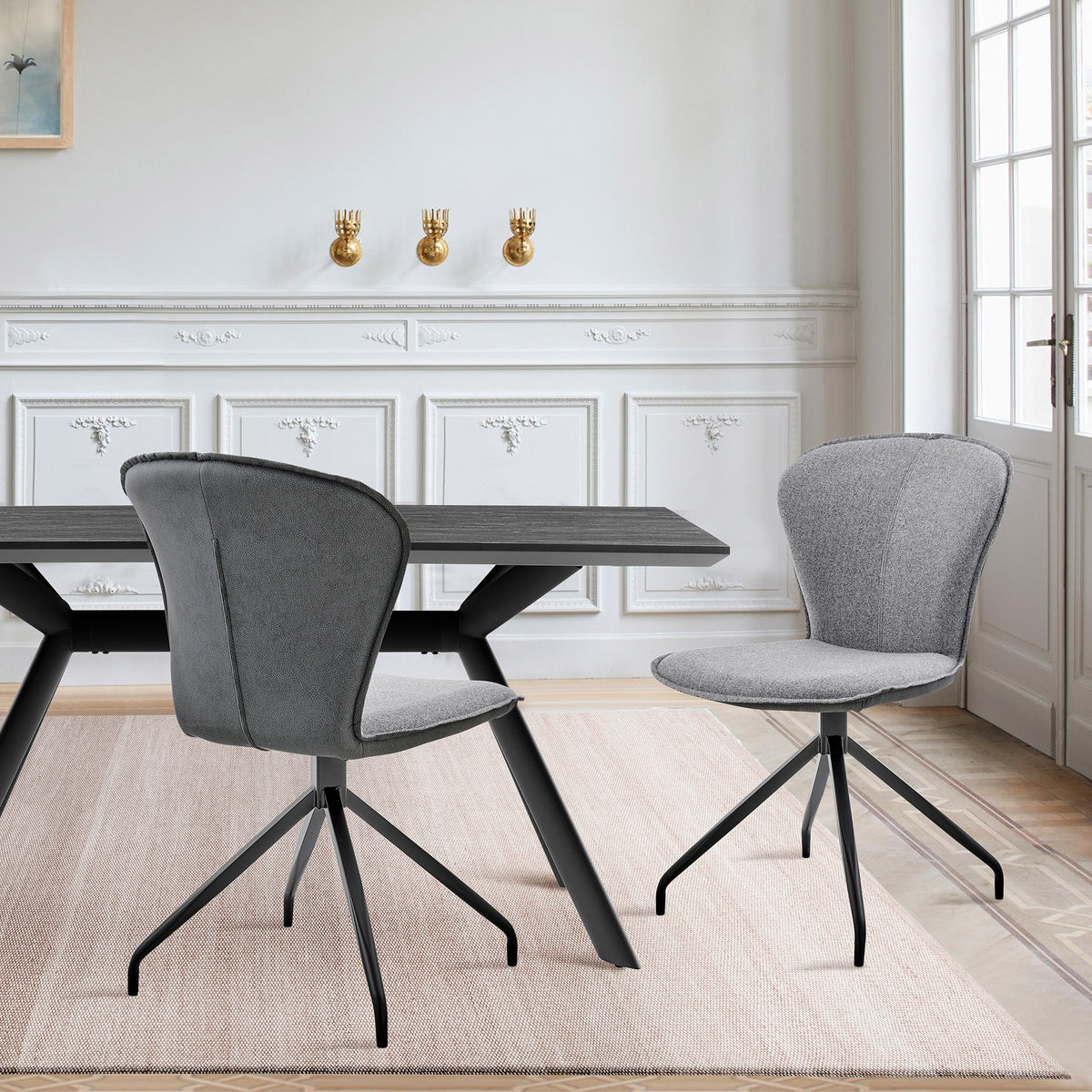 Cyrine Dining Room Accent Chair in Gray Fabric and Faux Leather with Black Finish - Set of 2