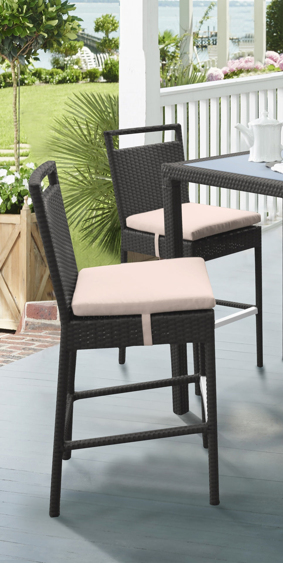 Luvien Outdoor Patio Wicker Barstool with Water Resistant Beige Fabric Cushions