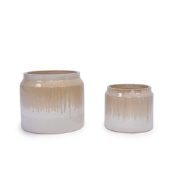 Handmade Non-Porous Ceramic Planter Set of 2, 6" & 8" Diameter, Beige Drip Glaze, for Aquatic Plants Indoor/Outdoor Shelf & Desk Use, Breathable Clay